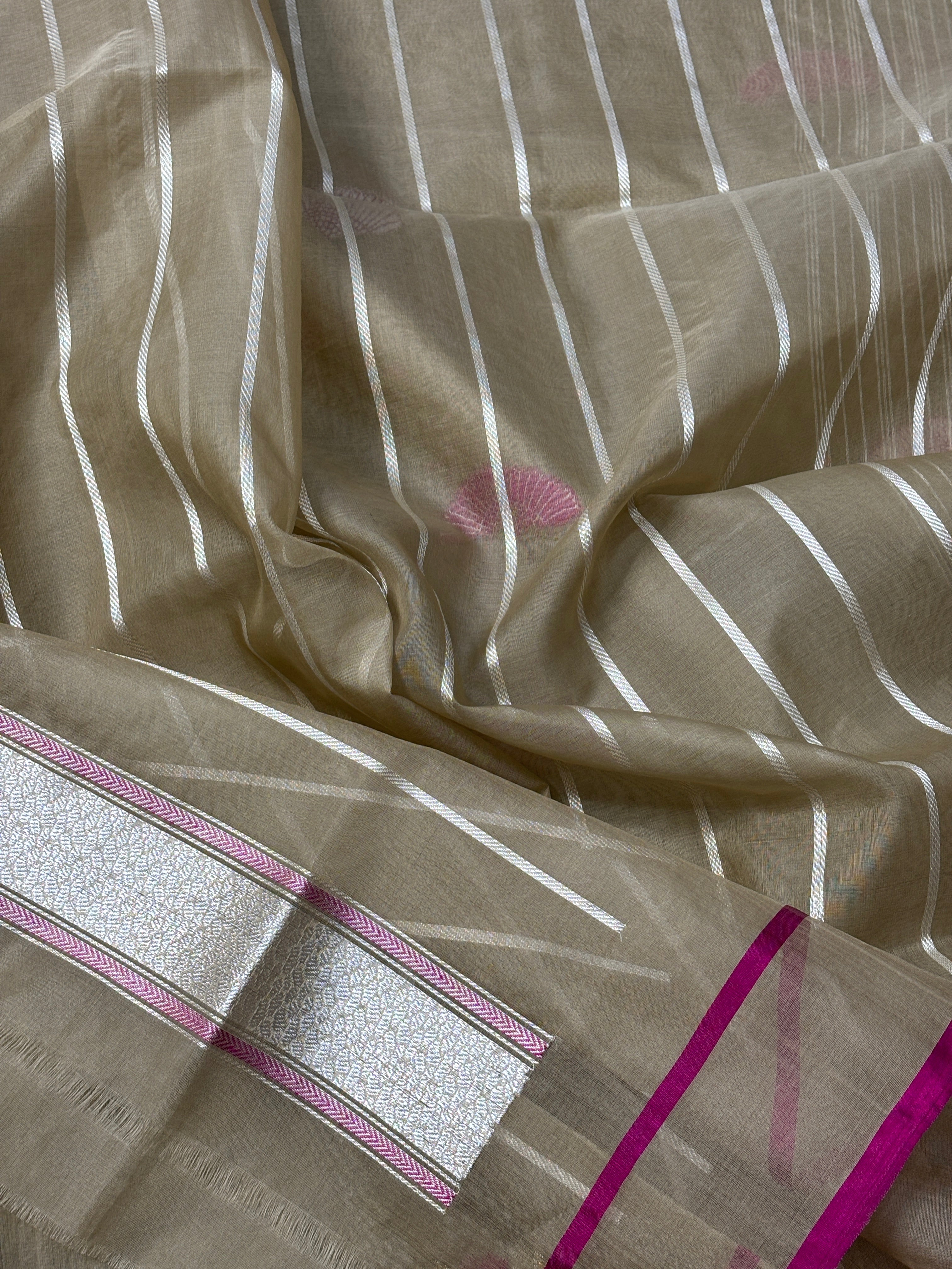Beige Golden Banarasi Kora Silk Handwoven Saree