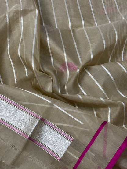 Beige Golden Banarasi Kora Silk Handwoven Saree