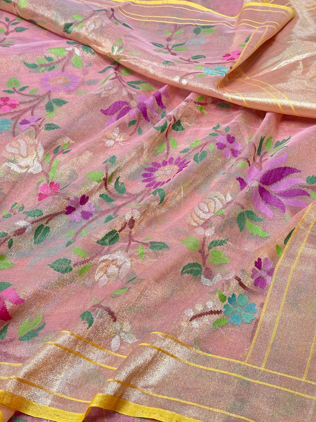 Shimmering Pink Pure Banarasi Tissue Handwoven Saree with Real Zari
