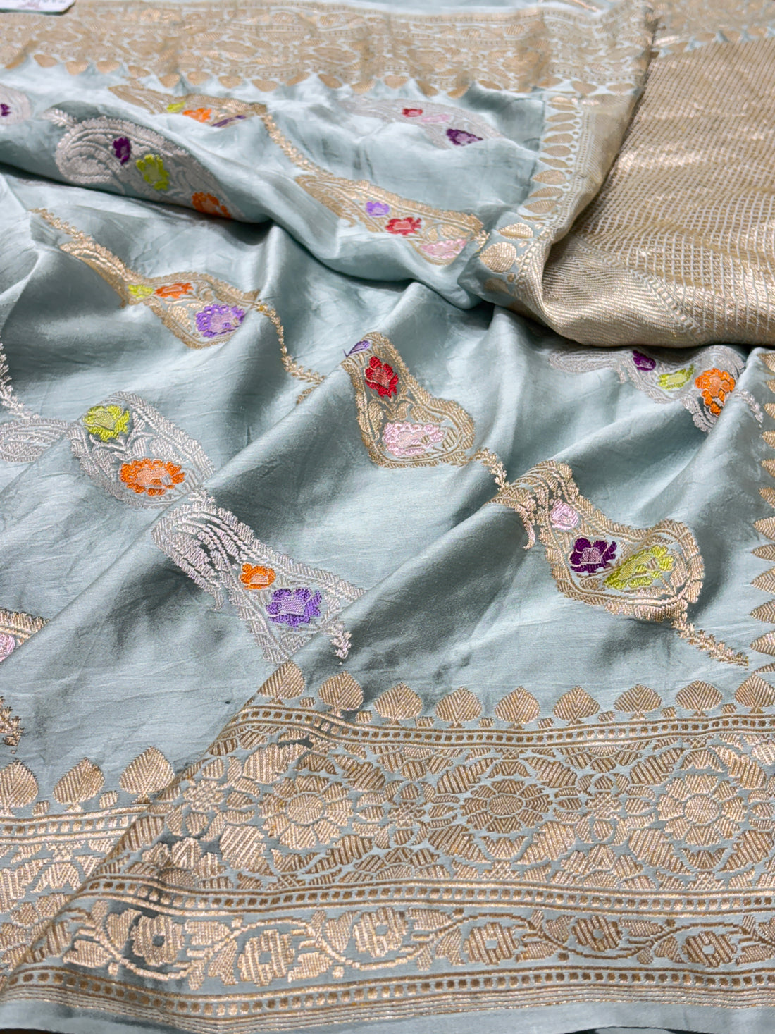 Elegant pastel mint green Banarasi Satin-Mashru Silk Handwoven Saree