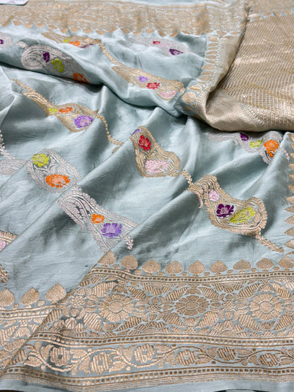 Elegant pastel mint green Banarasi Satin-Mashru Silk Handwoven Saree