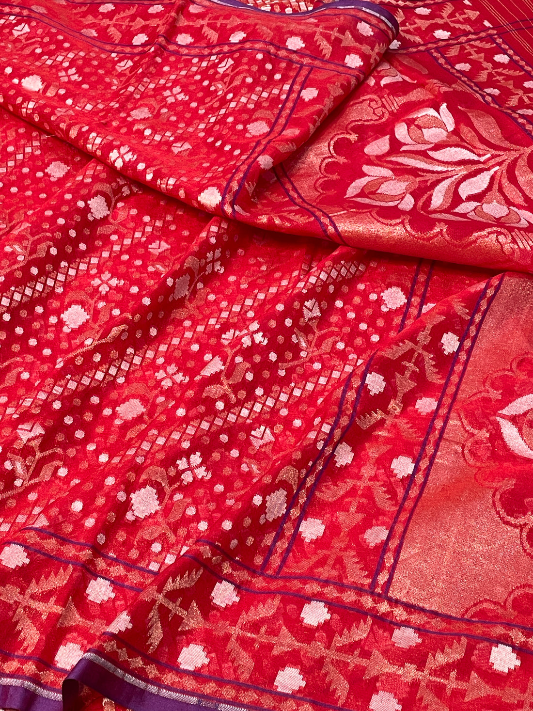 Red Ektara Silk Jamdani Saree with Zari Weaves