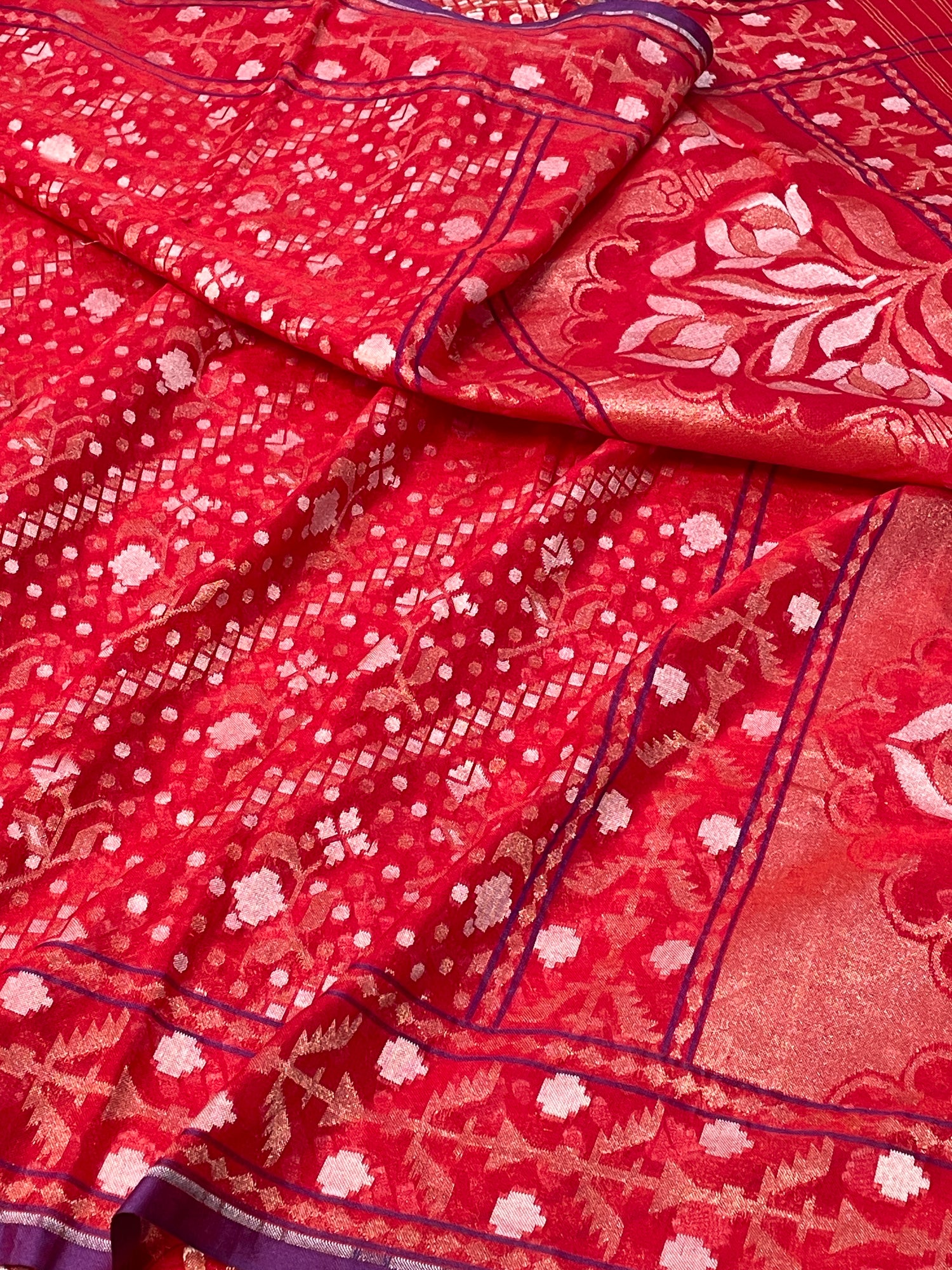 Red Ektara Silk Jamdani Saree with Zari Weaves