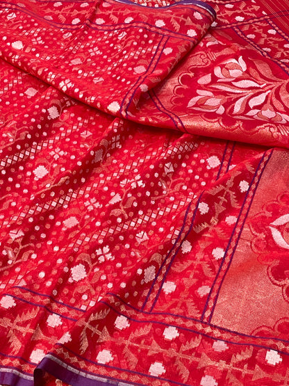 Red Ektara Silk Jamdani Saree with Zari Weaves