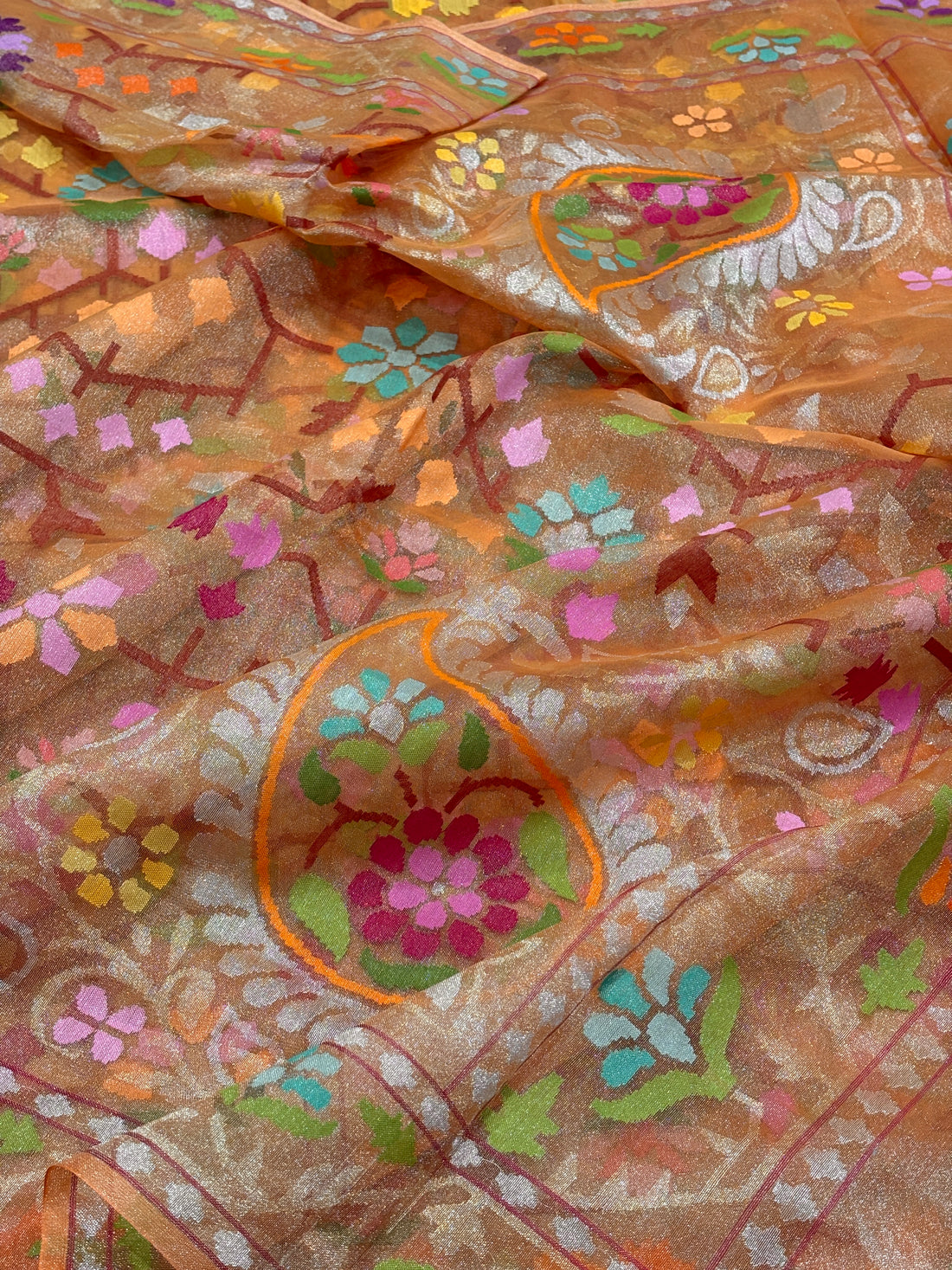 Shimmering Orange Pure Banarasi Tissue Handwoven Saree with Real Zari
