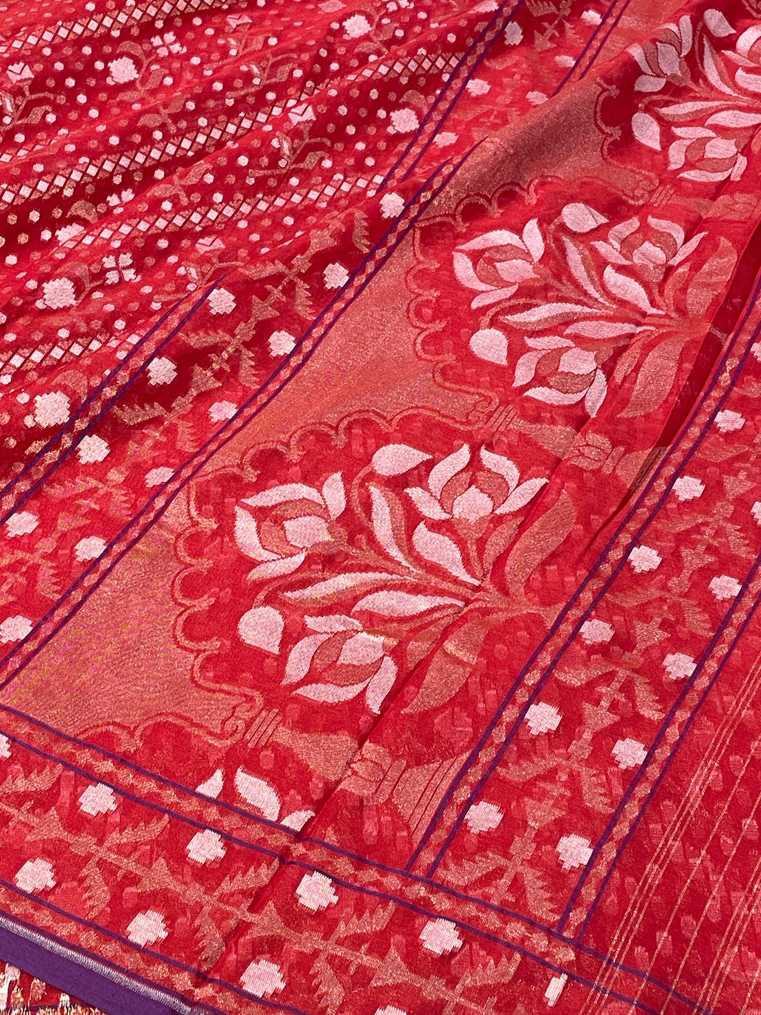 Red Ektara Silk Jamdani Saree with Zari Weaves