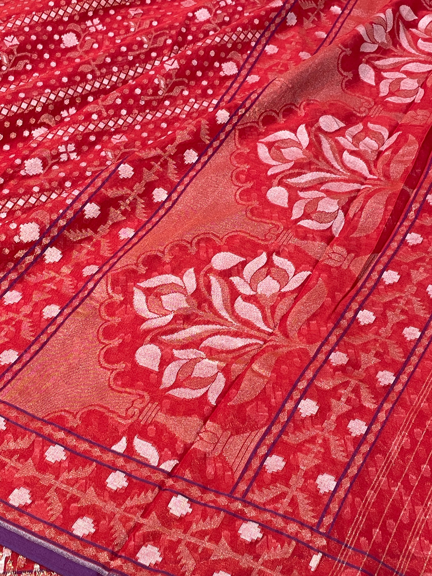 Red Ektara Silk Jamdani Saree with Zari Weaves