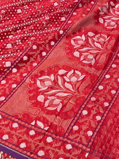 Red Ektara Silk Jamdani Saree with Zari Weaves
