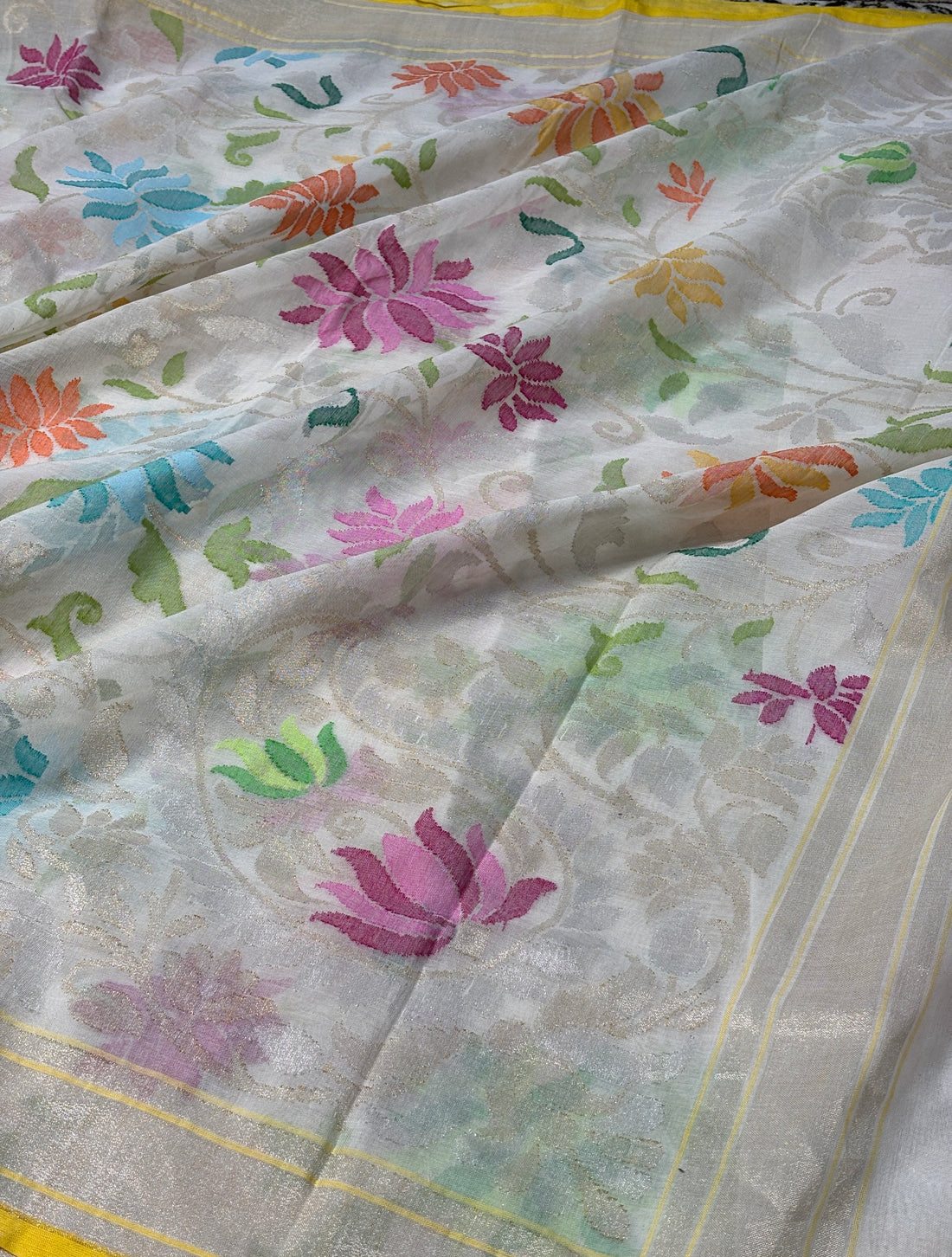 White Banarasi Cotton Kora Jamdani Silk Handwoven Saree with Real Zari