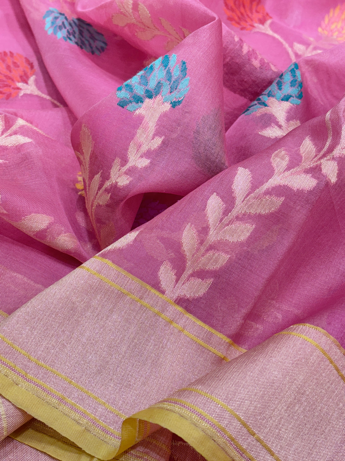 Blush Pink Pure Banarasi Ektara Kora Jamdani Silk Handwoven Saree