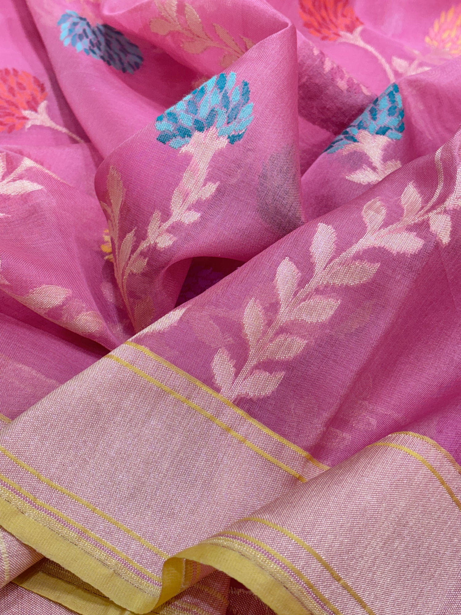 Blush Pink Pure Banarasi Ektara Kora Jamdani Silk Handwoven Saree