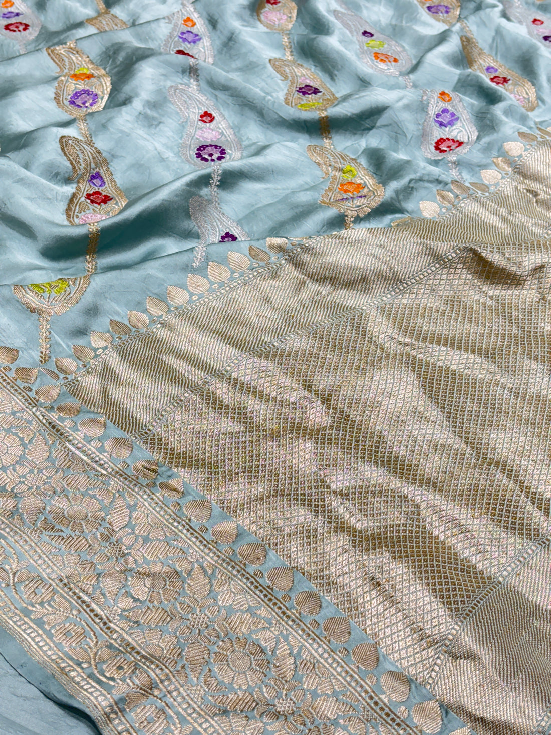 Elegant pastel mint green Banarasi Satin-Mashru Silk Handwoven Saree