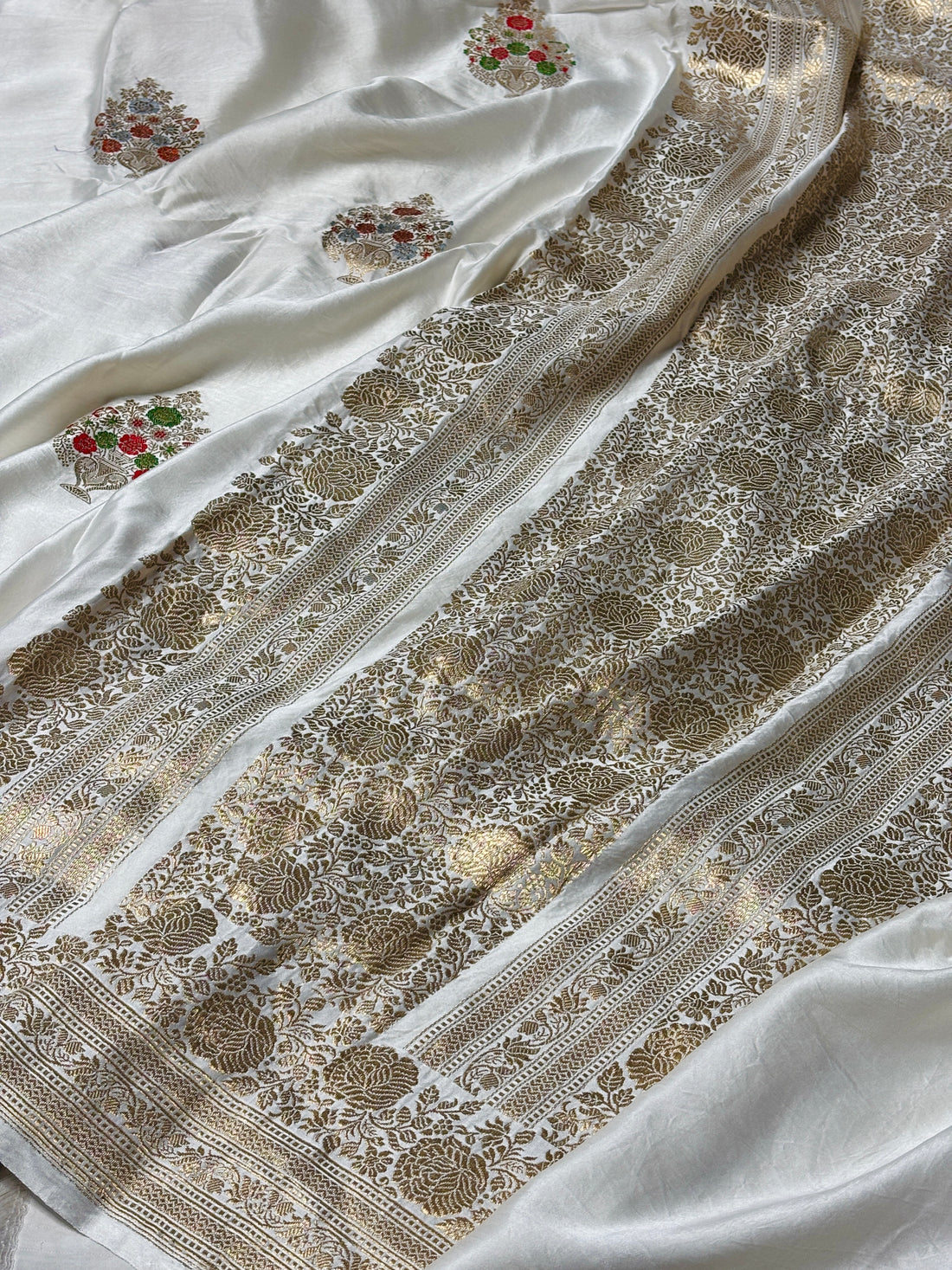 Ivory Banarasi Satin-Mashru Silk Handwoven Saree
