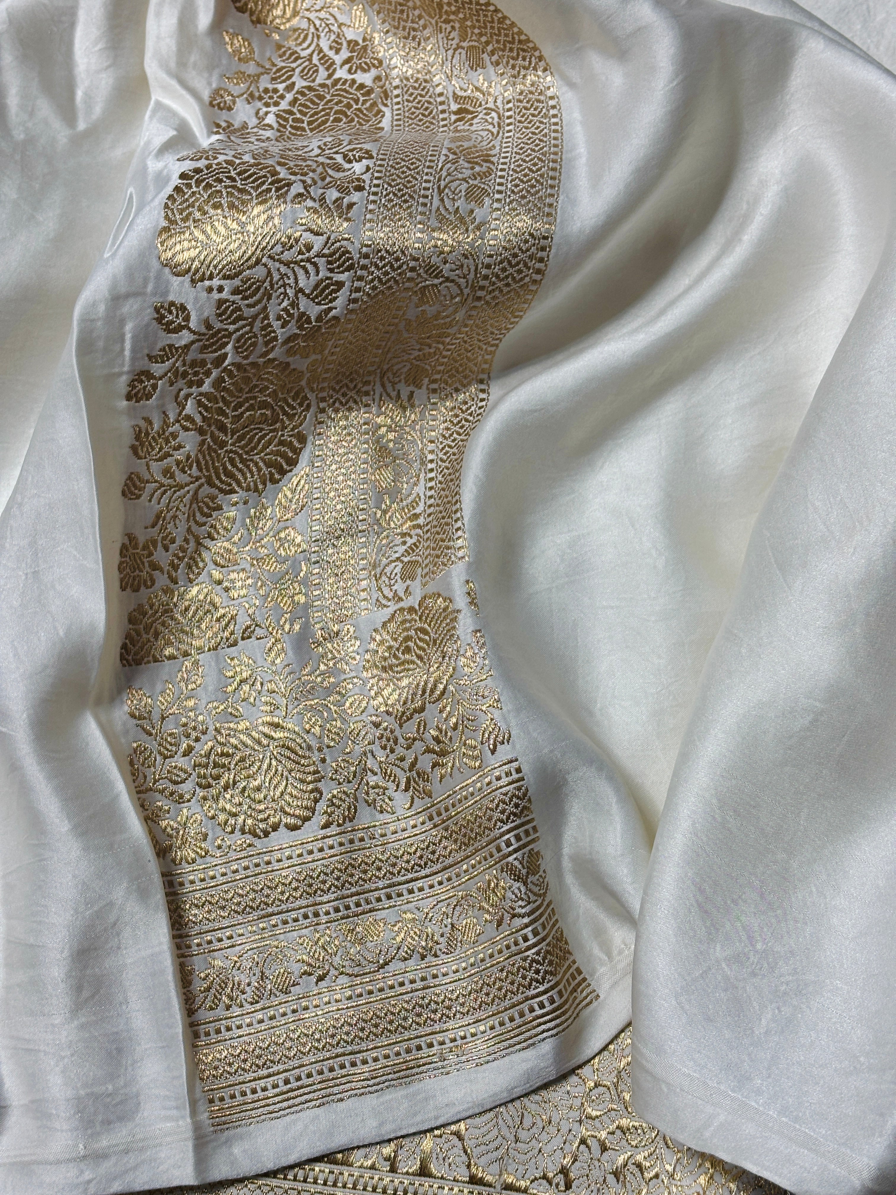Ivory Banarasi Satin-Mashru Silk Handwoven Saree