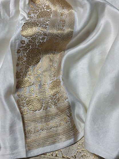 Ivory Banarasi Satin-Mashru Silk Handwoven Saree