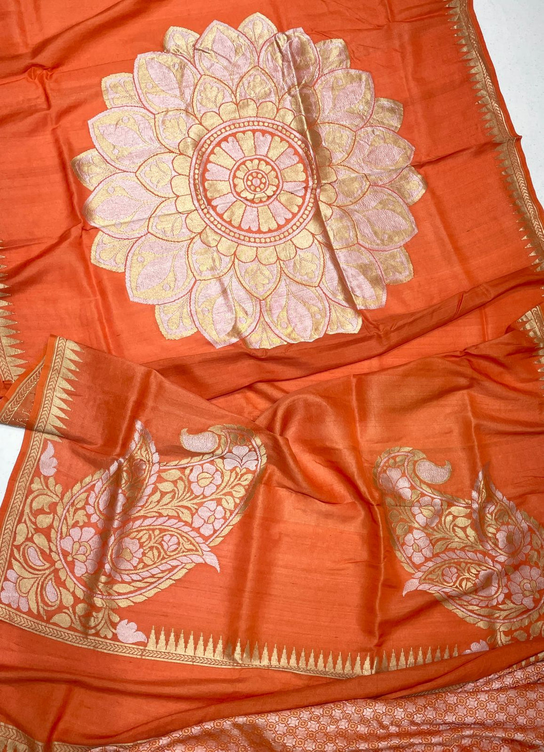 Orange Pure Banarasi Tussar Handwoven Saree