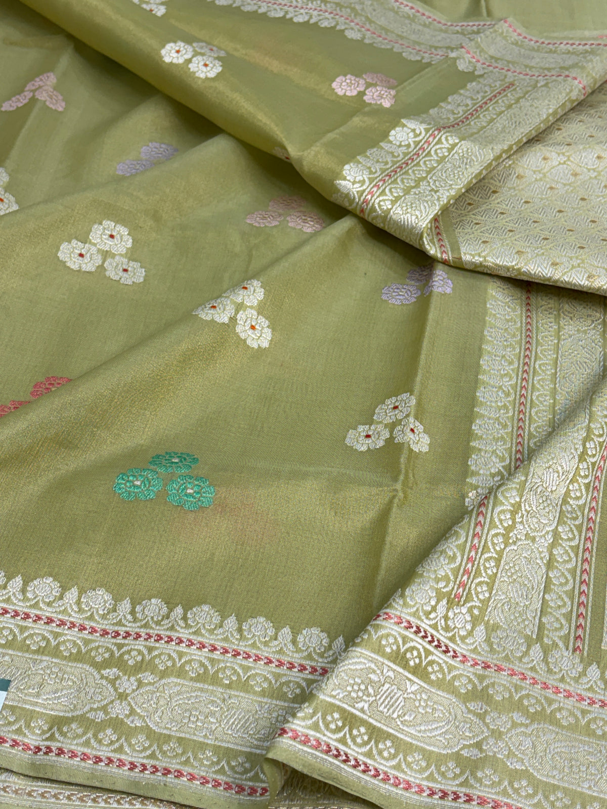 Parrot Green Handwoven Pure Banarasi Kora Tissue Saree
