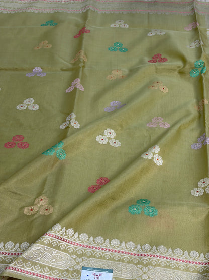 Parrot Green Handwoven Pure Banarasi Kora Tissue Saree