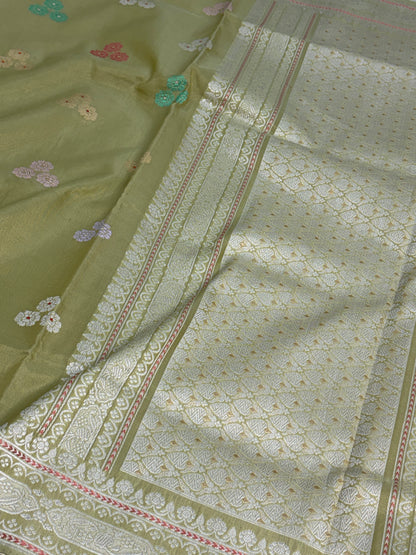 Parrot Green Handwoven Pure Banarasi Kora Tissue Saree