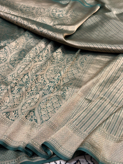 Bottle Green Banarasi Katan Brocade Silk Saree