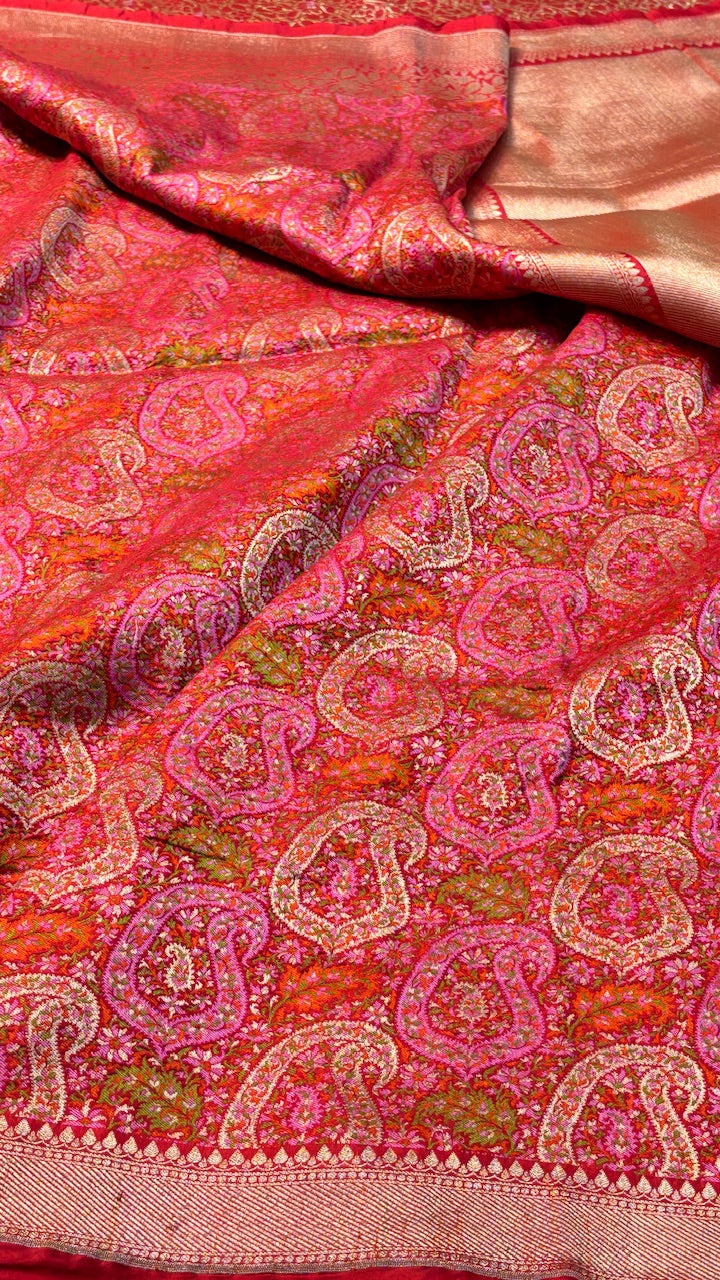 Red Pure Satin Tanchoi Silk Banarasi Saree