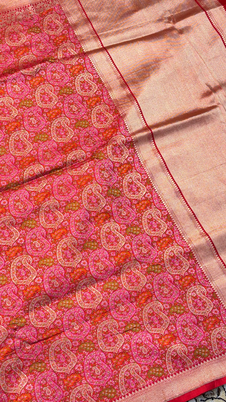 Red Pure Satin Tanchoi Silk Banarasi Saree