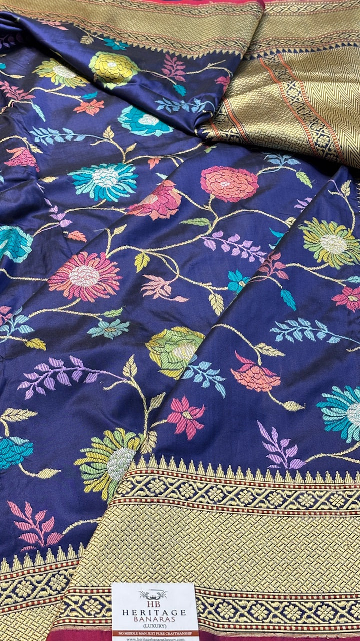 Navy Blue Banarasi Katan Silk Handwoven Saree