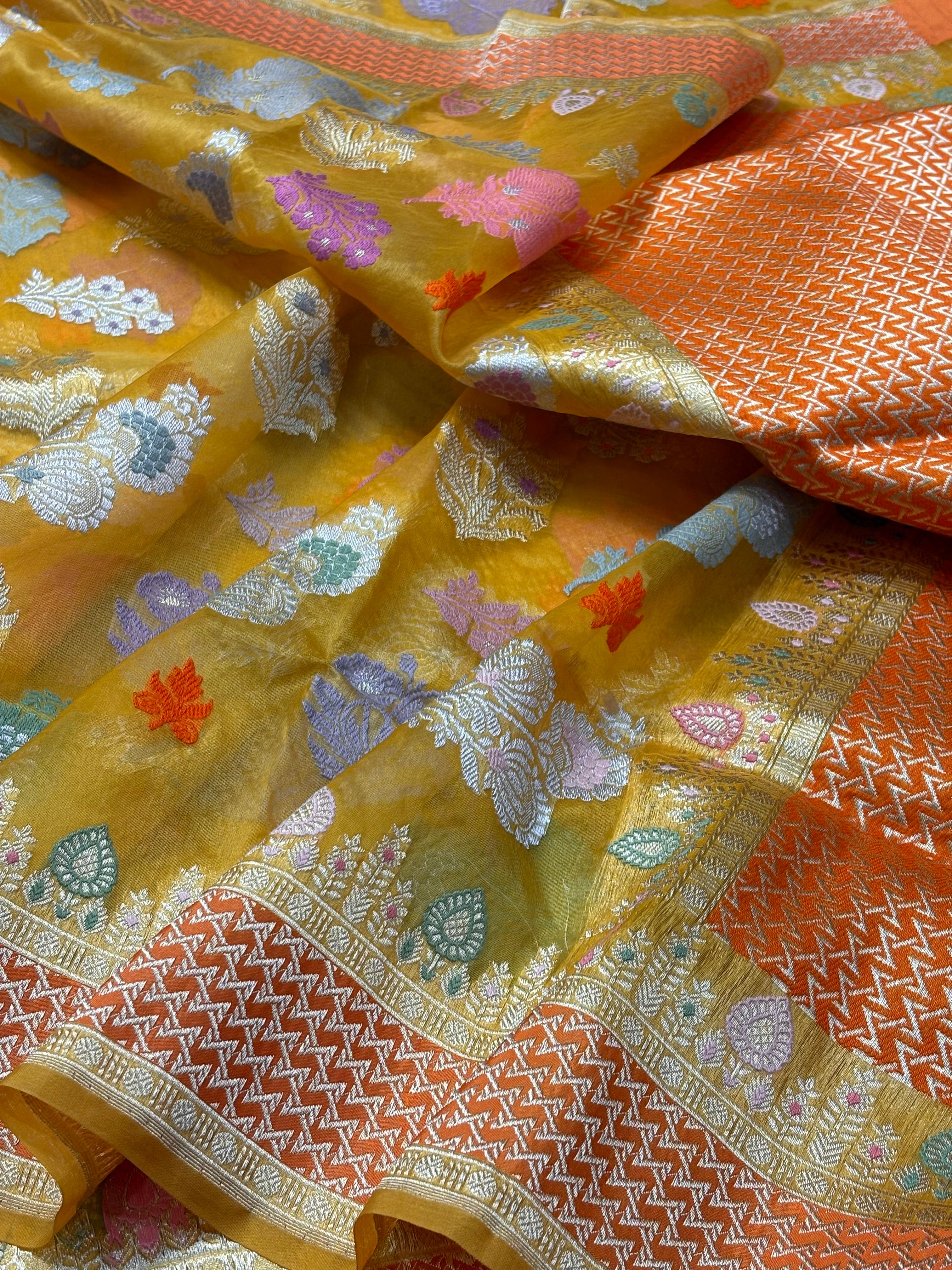Mango Yellow Banarasi Kora Silk Handwoven Saree