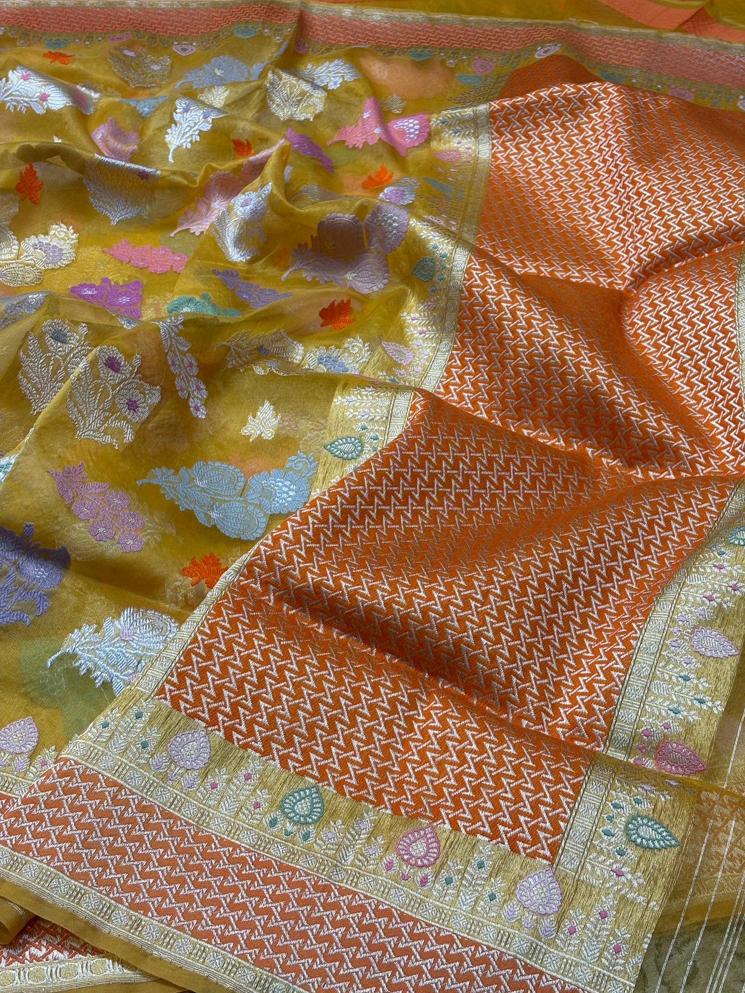 Mango Yellow Banarasi Kora Silk Handwoven Saree
