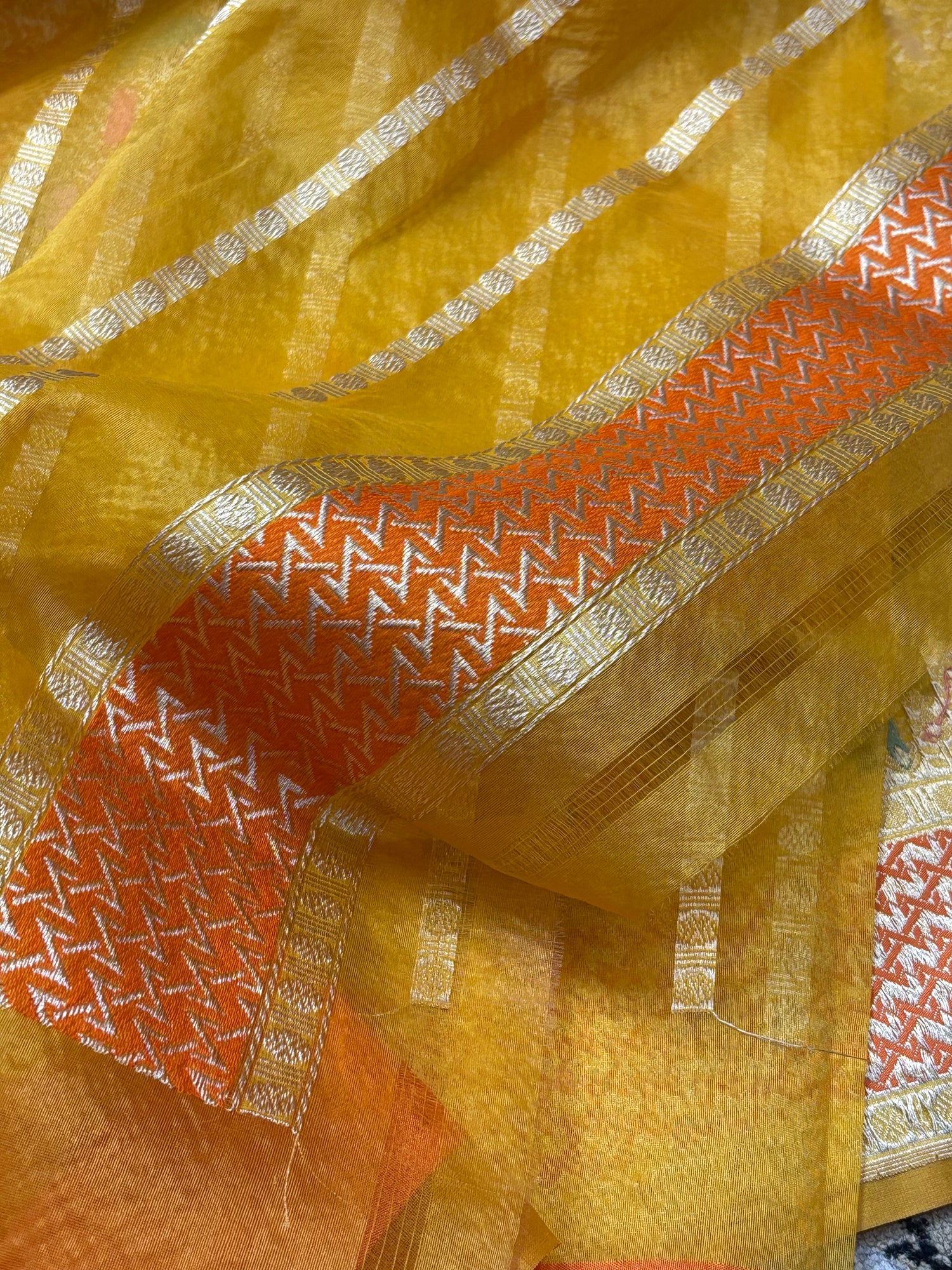 Mango Yellow Banarasi Kora Silk Handwoven Saree