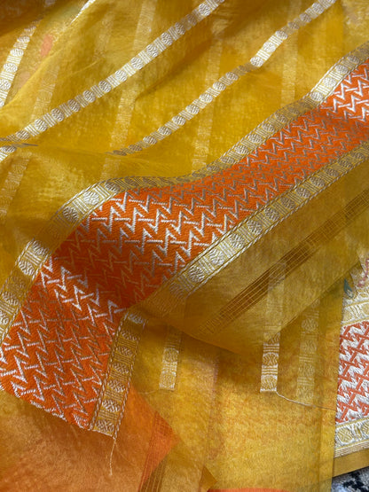 Mango Yellow Banarasi Kora Silk Handwoven Saree