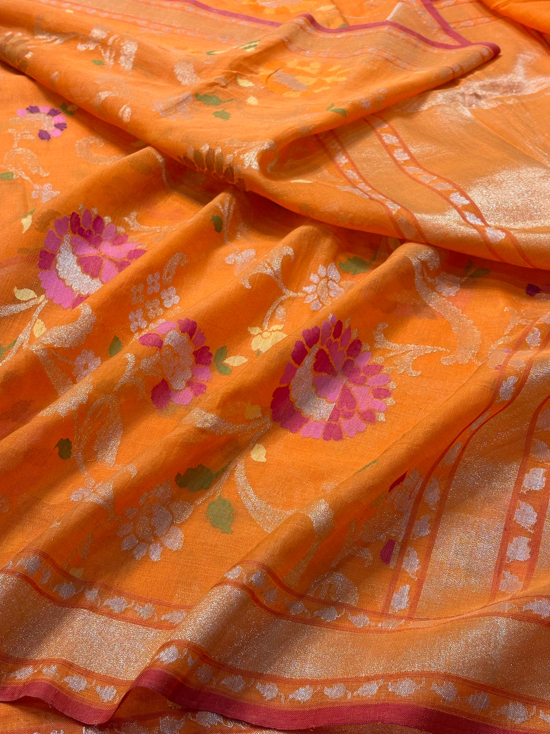 Orange Banarasi Cotton Jamdani Silk Handwoven Saree