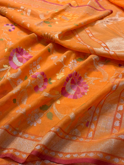 Orange Banarasi Cotton Jamdani Silk Handwoven Saree