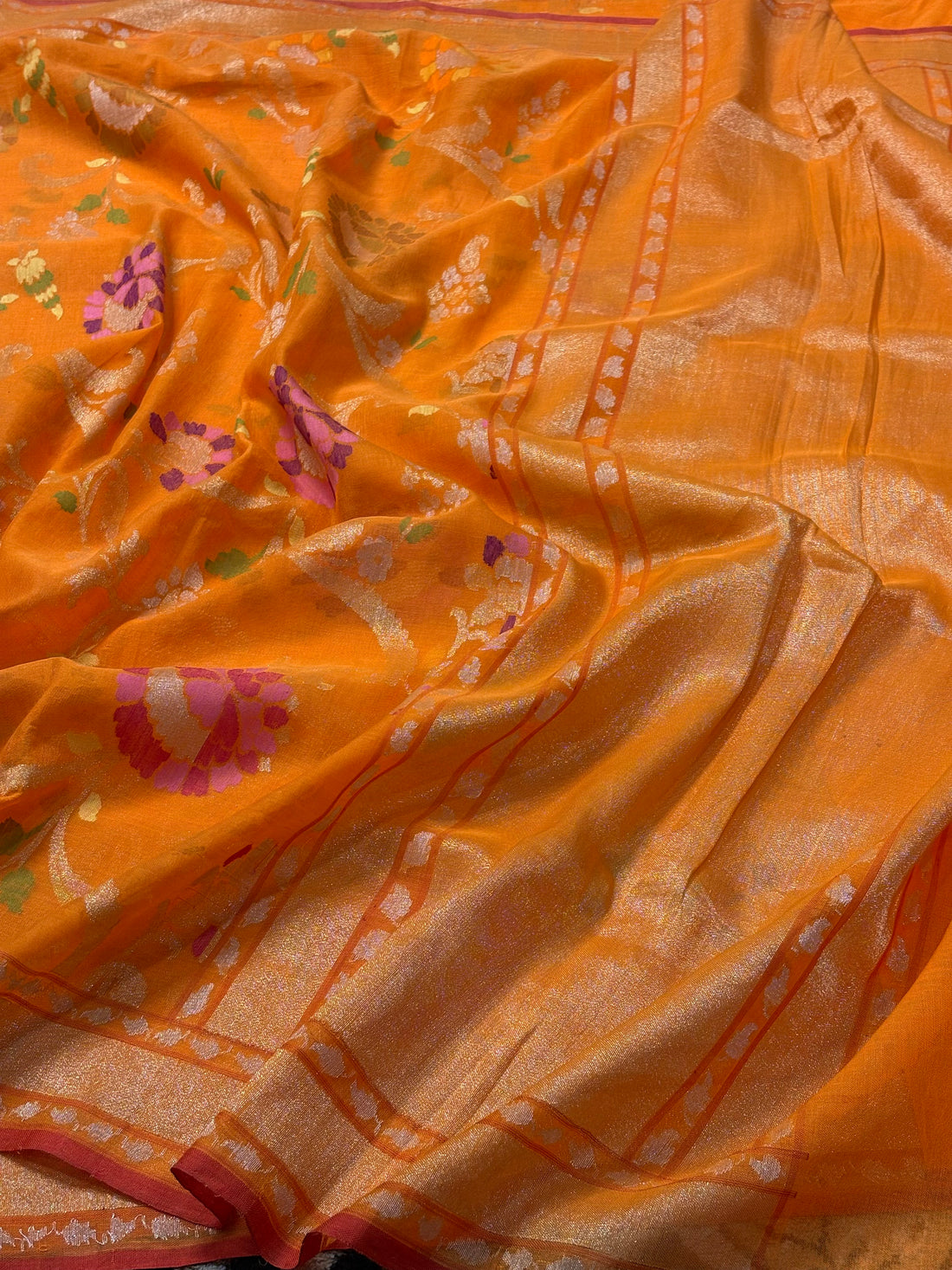 Orange Banarasi Cotton Jamdani Silk Handwoven Saree