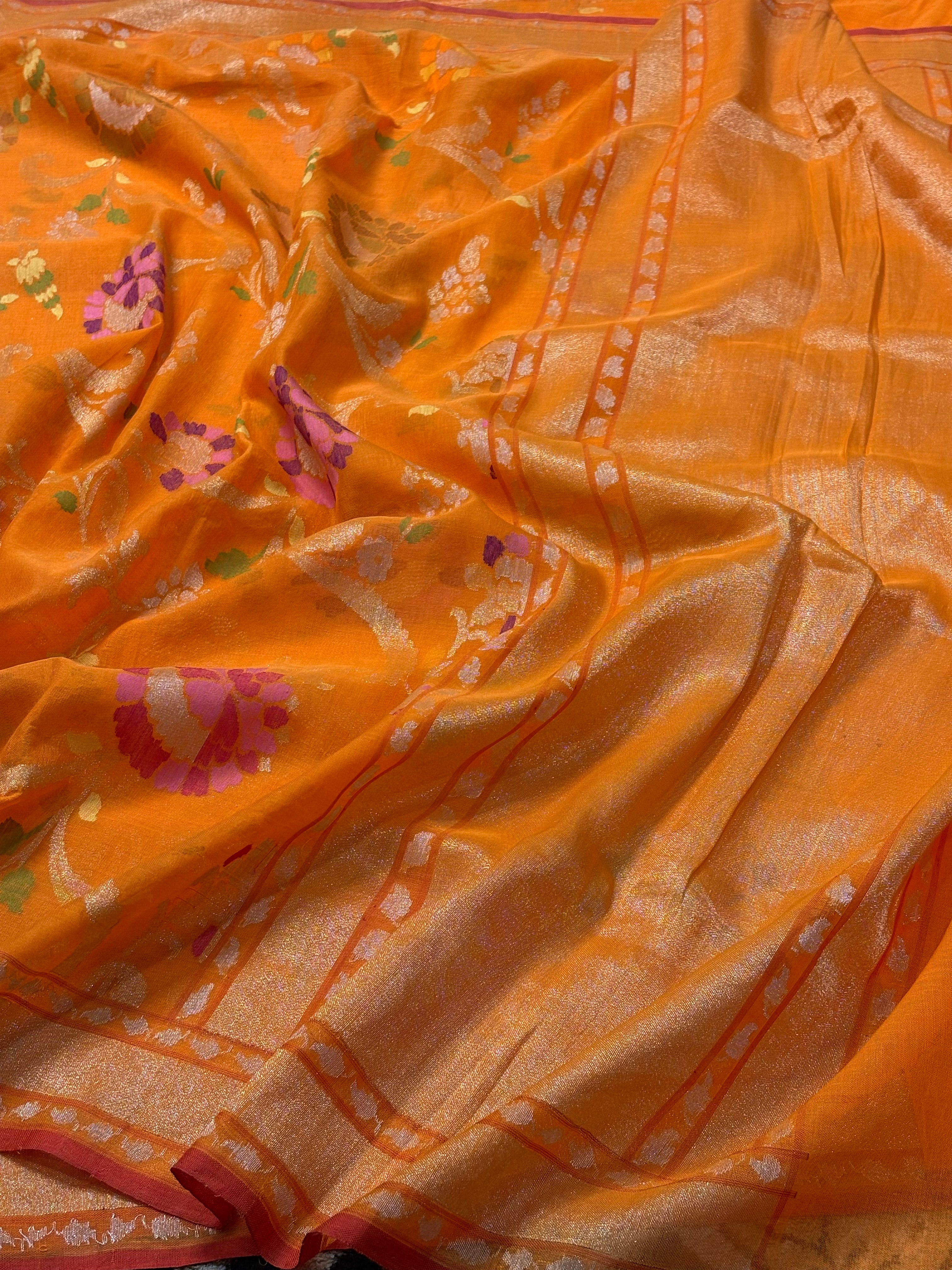 Orange Banarasi Cotton Jamdani Silk Handwoven Saree