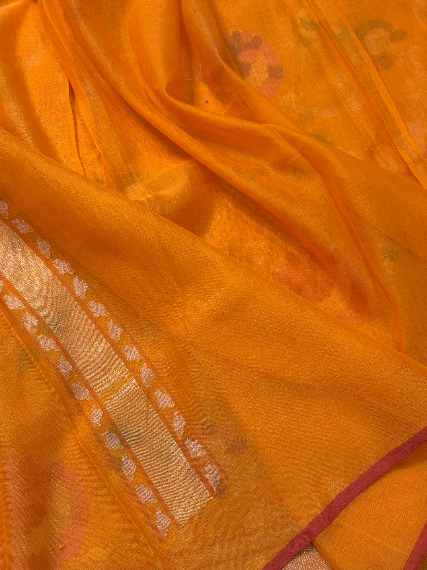 Orange Banarasi Cotton Jamdani Silk Handwoven Saree
