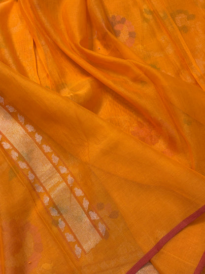 Orange Banarasi Cotton Jamdani Silk Handwoven Saree