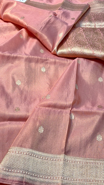 Peach PinkPurple Tissue Banarasi Silk Handwoven Saree