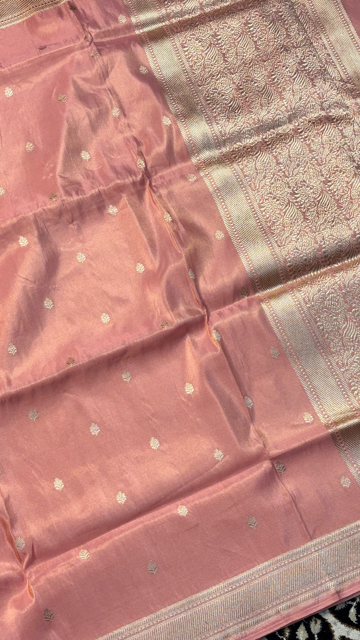 Peach PinkPurple Tissue Banarasi Silk Handwoven Saree