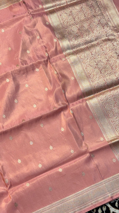 Peach PinkPurple Tissue Banarasi Silk Handwoven Saree