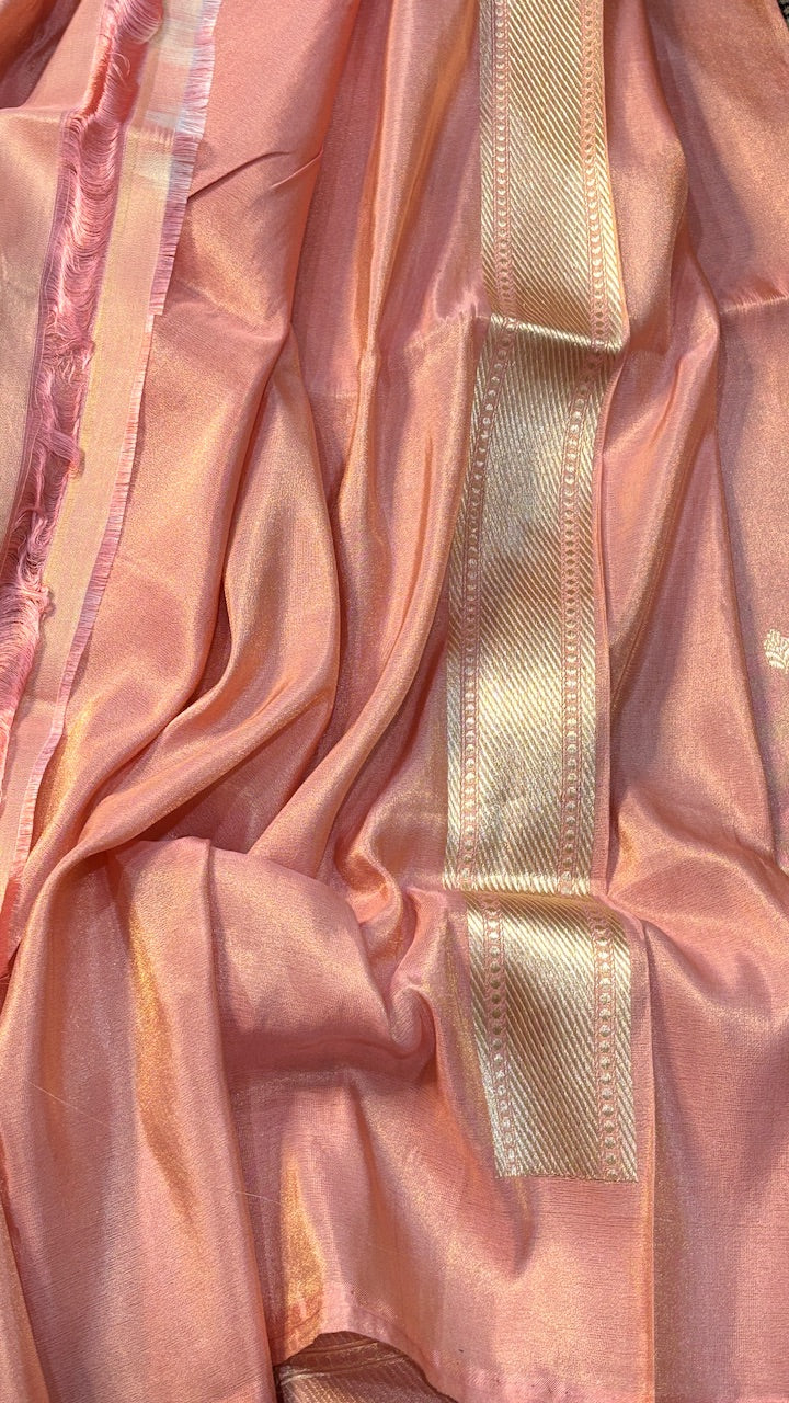 Peach PinkPurple Tissue Banarasi Silk Handwoven Saree