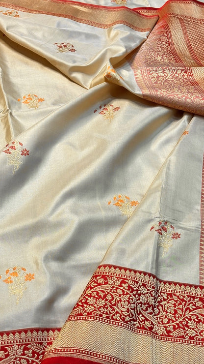Light ivory Pure Banarasi Ektara  Silk Handwoven Saree