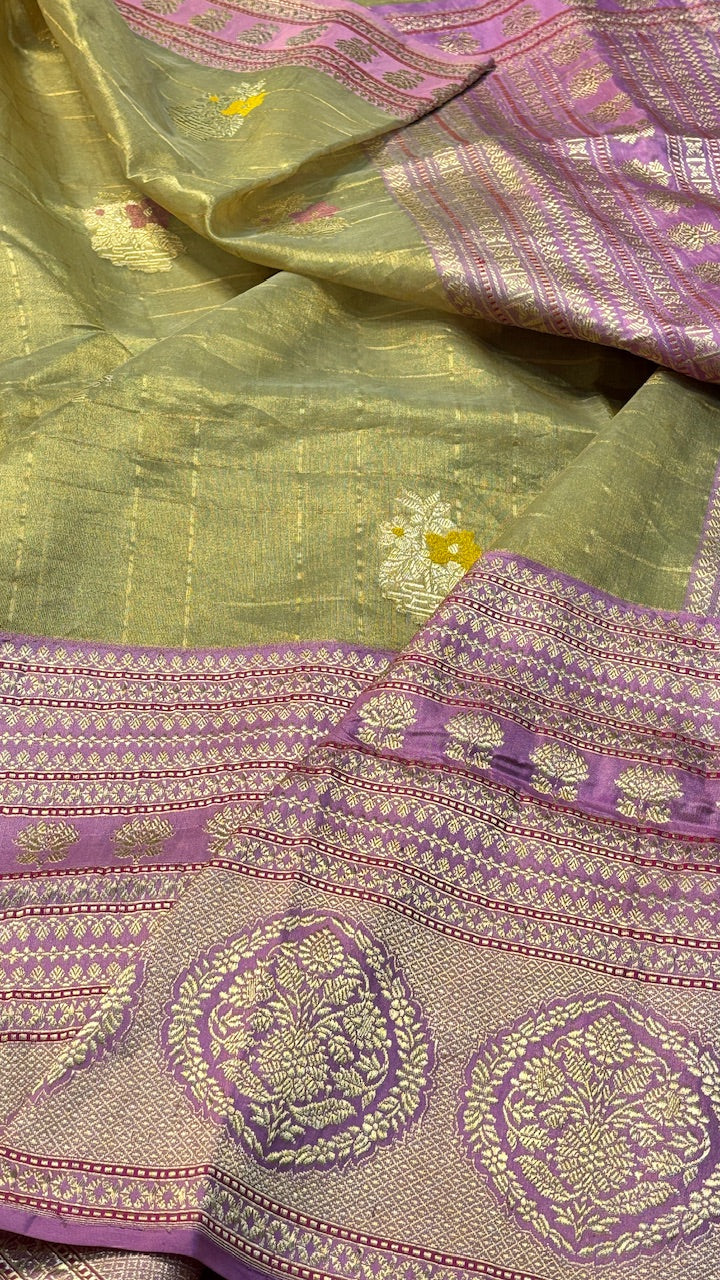 Light Olive Green Tissue Banarasi Silk Handwoven Saree