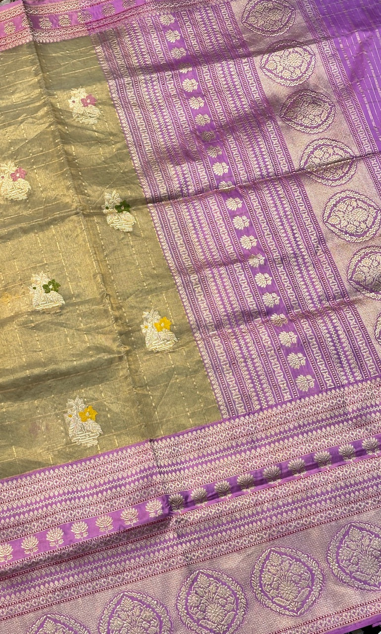 Light Olive Green Tissue Banarasi Silk Handwoven Saree