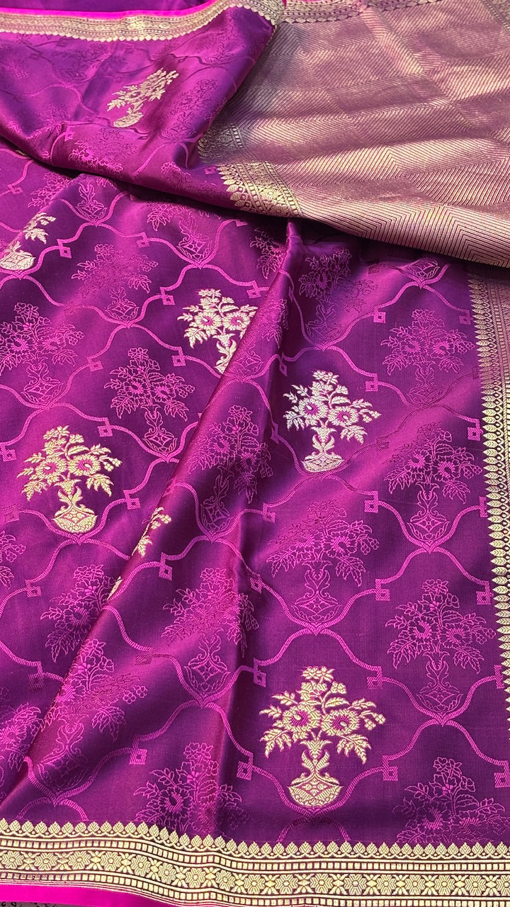 Purple Pure Satin Silk Banarasi Saree