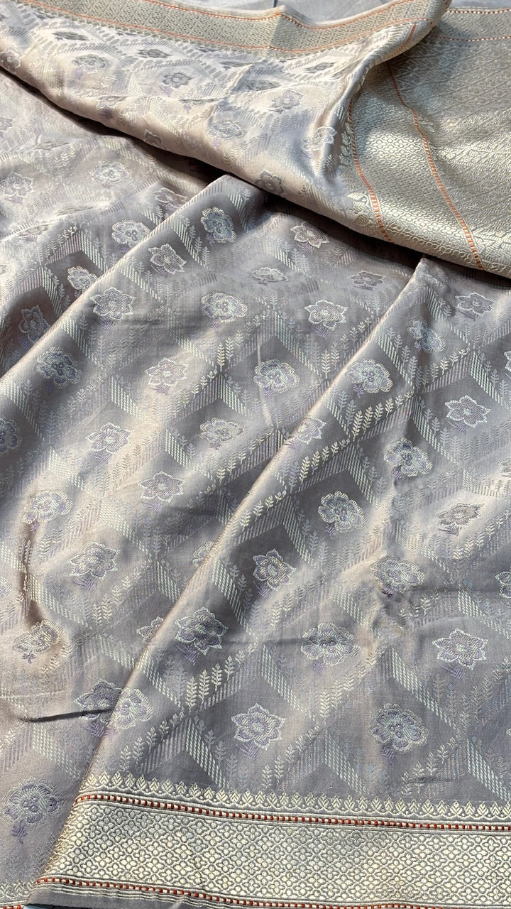 Dusty Grey Pure Satin Tanchoi Silk Banarasi Saree
