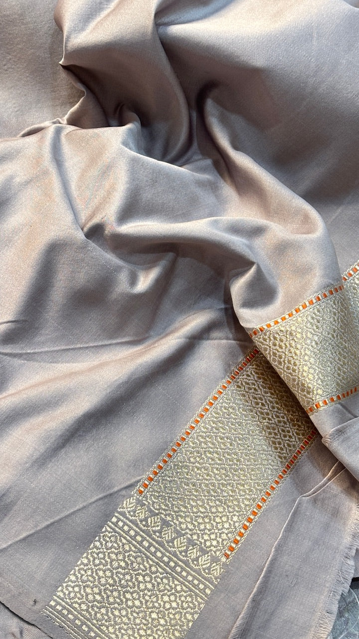 Dusty Grey Pure Satin Tanchoi Silk Banarasi Saree