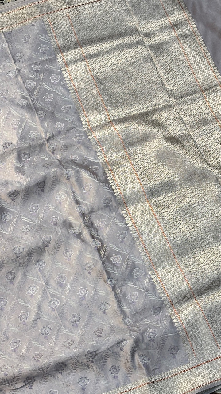 Dusty Grey Pure Satin Tanchoi Silk Banarasi Saree