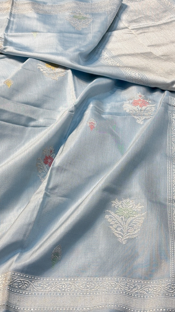Pastel Sky Blue Pure Banarasi Ektara  Silk Handwoven Saree