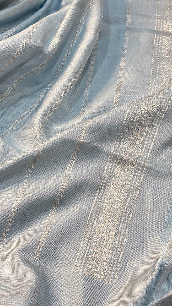 Pastel Sky Blue Pure Banarasi Ektara  Silk Handwoven Saree